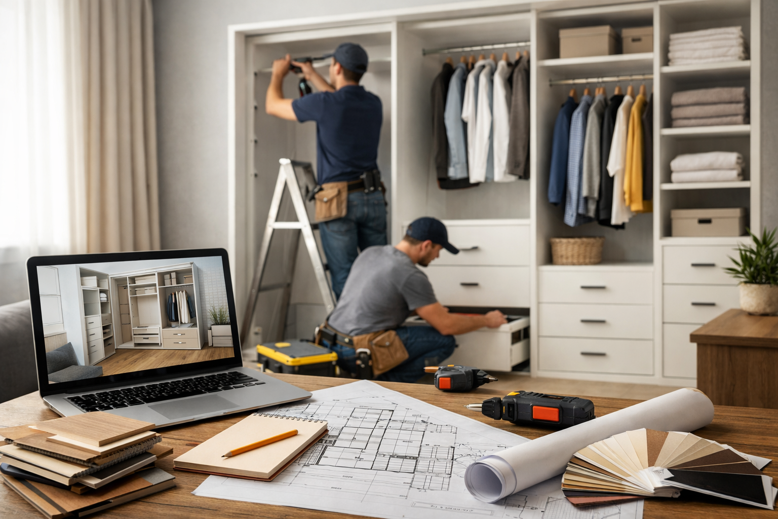 Bespoke fitted wardrobe with sliding doors and internal shelving, installed wall to wall