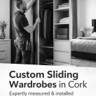 lack and white photo of a modern sliding wardrobe installed wall-to-wall, showcasing clean lines, fitted panels, and precise craftsmanship — ideal for built-in storage in Cork homes.