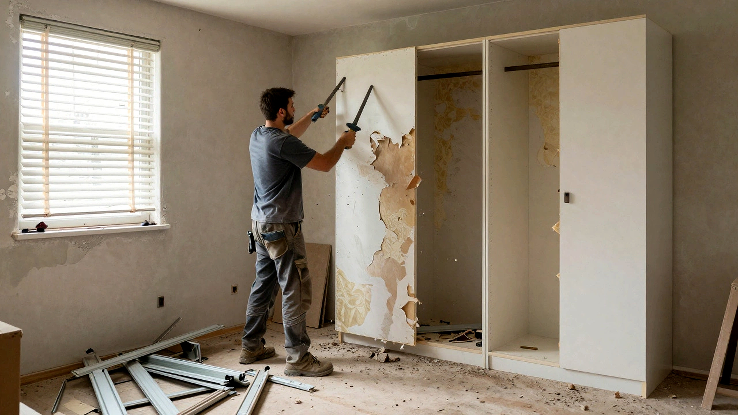 Removing a poor-quality wardrobe during renovation after cheap installation reduced property value.